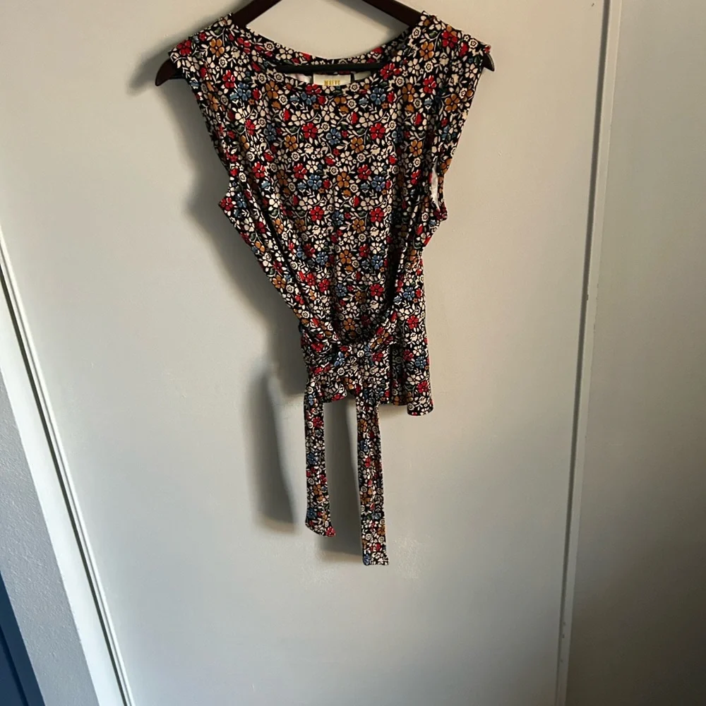 Maeve by Anthropologie Cap Sleeve Floral Print Tie Waist Back Wrap Blouse - Picture 9 of 14